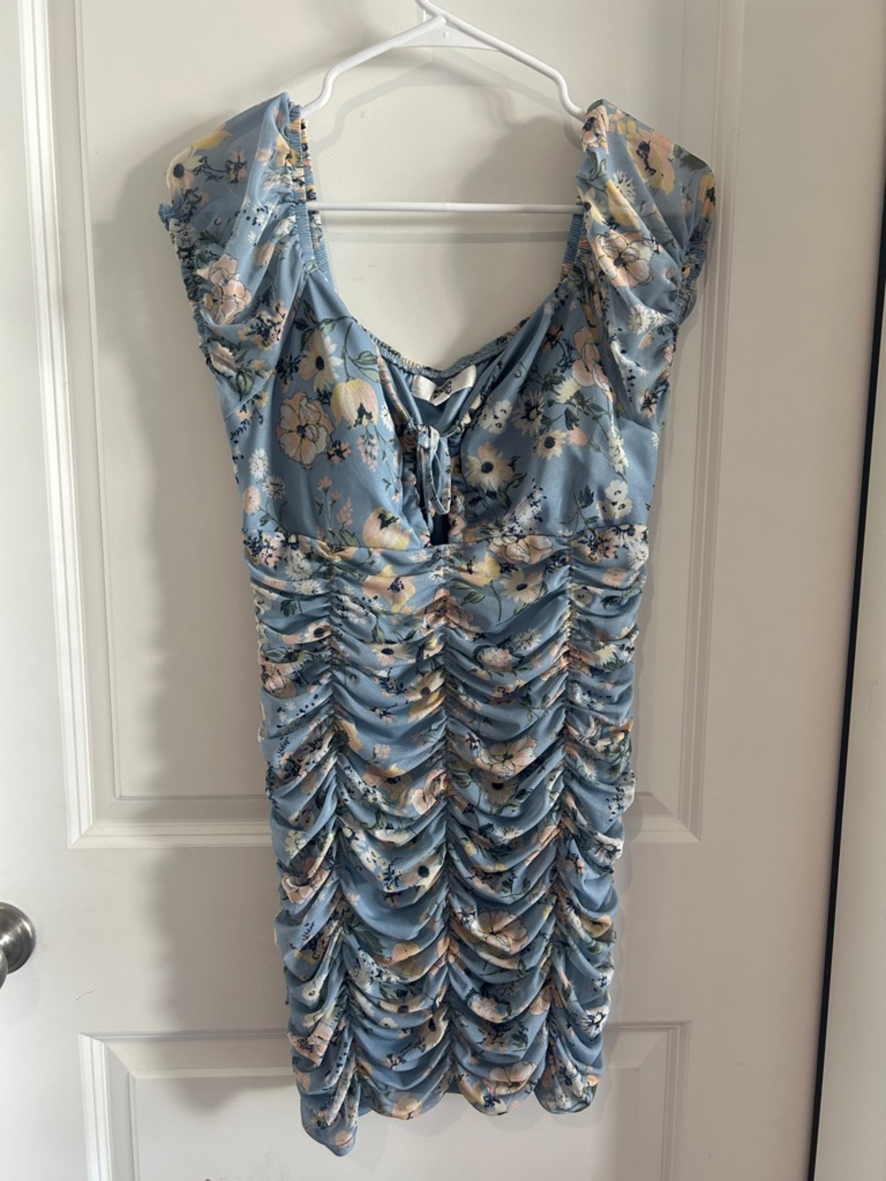 Blue Floral Ruched Mini Dress